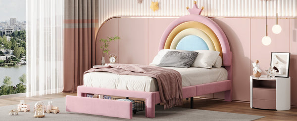 English Elm Twin Velvet Rainbow Bed with Storage Drawer — Pink Upholstered Platform, No Box Spring Needed, Cute N733P234606H