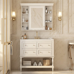 English Elm 36'' Modern Bathroom Vanity with Ceramic Sink and Medicine Cabinet, Solid Wood Frame, 4 Drawers, Waterproof Finish Beige SW000138AAY-1