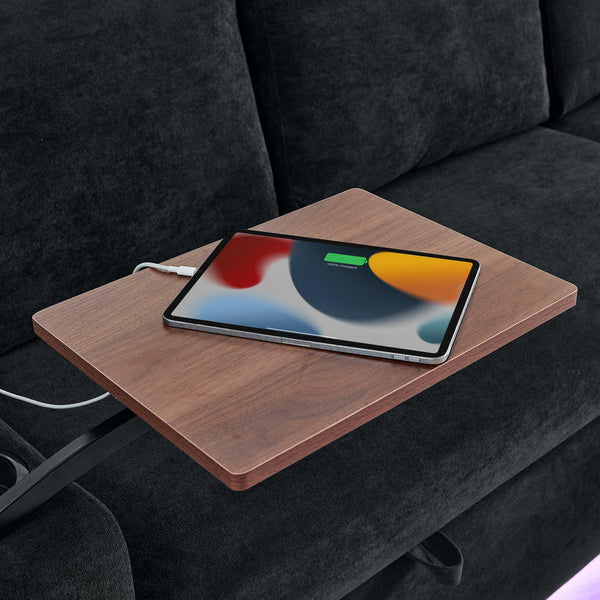 English Elm Modern Chenille Pull-Out Bed Sofa With Led Lights, Usb Ports, Cup Holders & Retractable Table, Black W1413S00098