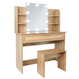 English Elm Vanity Desk Set Stool & Dressing Table With Led Lighting Mirror Drawer and Compartments Modern Wood Cosmetic Table Chest Of Drawers Nature Color