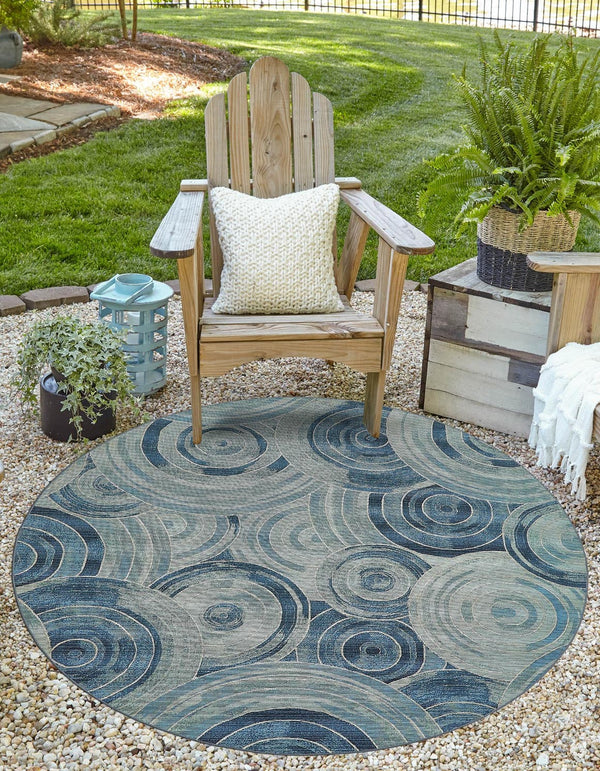 Unique Loom Outdoor Modern Rippling Machine Made Geometric Rug Light Blue, Navy Blue/Blue 8' 0" x 8' 0"