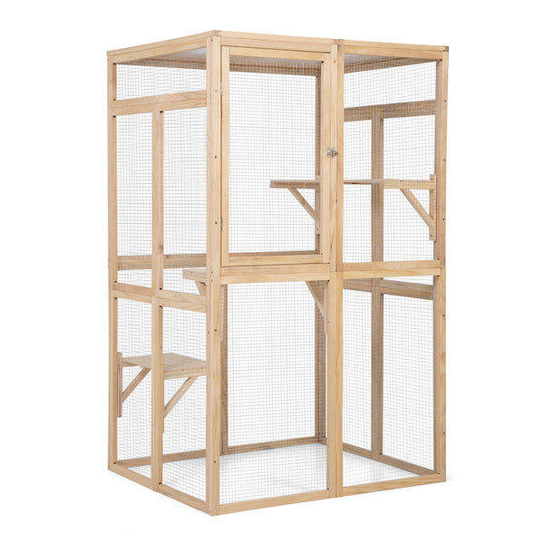 English Elm Wooden Pine Outdoor Cat Enclosure with Platforms Hammock and Uv Resistant Roof W2181P191345