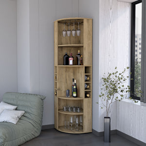 English Elm Fm Furniture Clifton Tall Corner Bar Cabinet with Wine Rack Stemware Hanger Warm Finish B128S00063