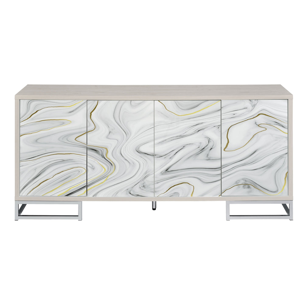 English Elm Panos White Marble Paint Console Cabinet with Chrome Finish, 4 Spacious Shelves, Modern Entryway Storage B2726P245877