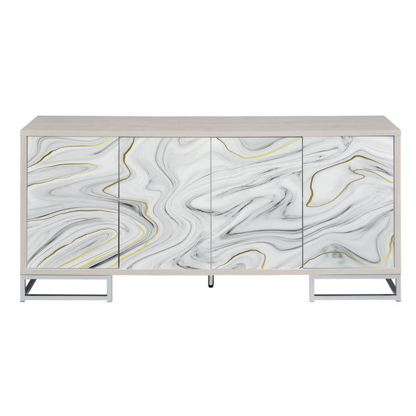 English Elm Panos White Marble Paint Console Cabinet with Chrome Finish, 4 Spacious Shelves, Modern Entryway Storage B2726P245877
