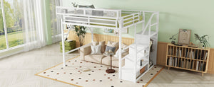 English Elm Queen Size Loft Bed With Stairs & Storage Shelves - Stylish Metal Frame For Kids & Teens, White W2580S00031-GIGA