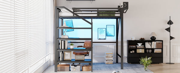 English Elm Full Size Metal Loft Bed with Foldable Desk Staircase Storage and Led Lighting W2580S00072
