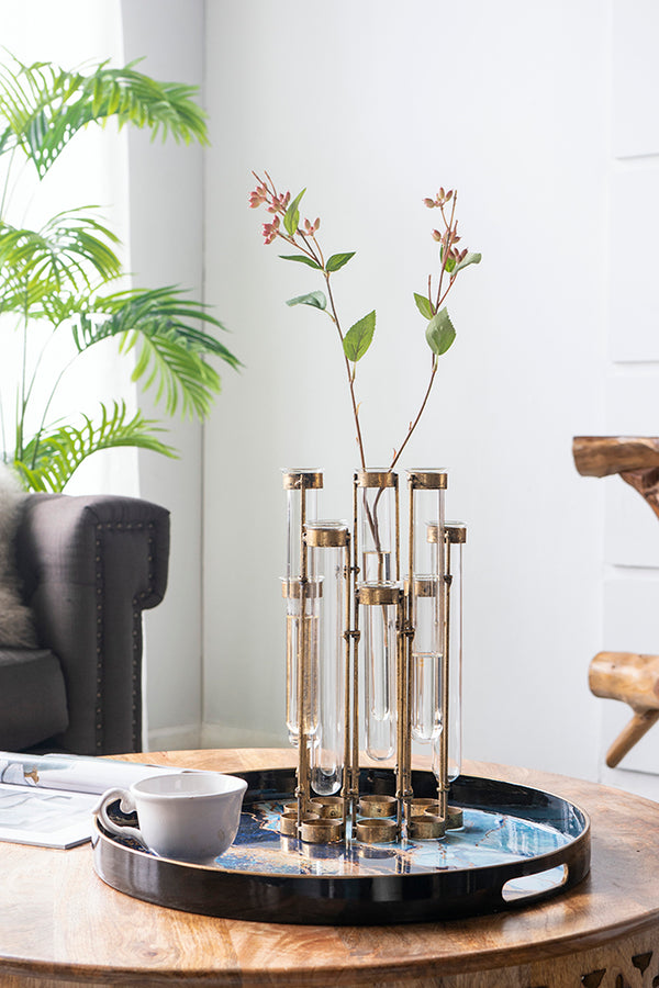 English Elm 17.7x1.8x13.8 Nine Vial Sculptural Floral Display Bronze Iron Frame Mantel Accent W2078P423054