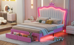 English Elm Full Size Upholstered Bed Frame With Led Lights – Chic Pink Princess Design, Crown Headboard & Storage Drawers W2770P190367