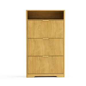 English Elm Shoe Cabinet Slim Entryway Organizer with Flip Compartments Wave Front and Gold Hardware Natural W1162P384348