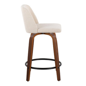 English Elm Toriano 24" Mid-Century Modern Swivel Counter Stools In Walnut Wood & Cream Fabric - Set Of 2 B202S00111-GIGA
