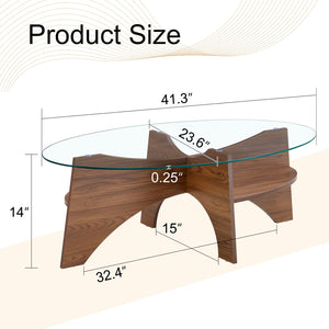English Elm Oval Tempered Glass Coffee Table with Wood Grain Legs and Built-in Fan Tray Shelf W1151P256008