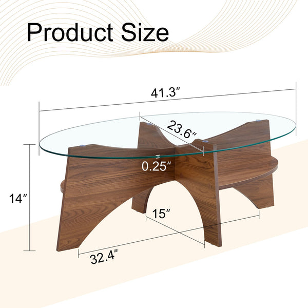 English Elm Oval Tempered Glass Coffee Table with Wood Grain Legs and Built-in Fan Tray Shelf W1151P256008