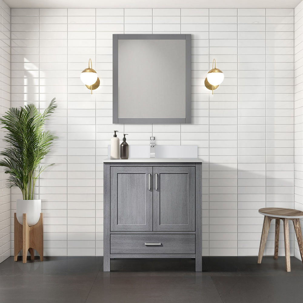 English Elm Distressed Grey Bath Vanity 30 in. W x 22 in. D with White Quartz Top, Solid Wood, Soft-Close Storage B2731P258793