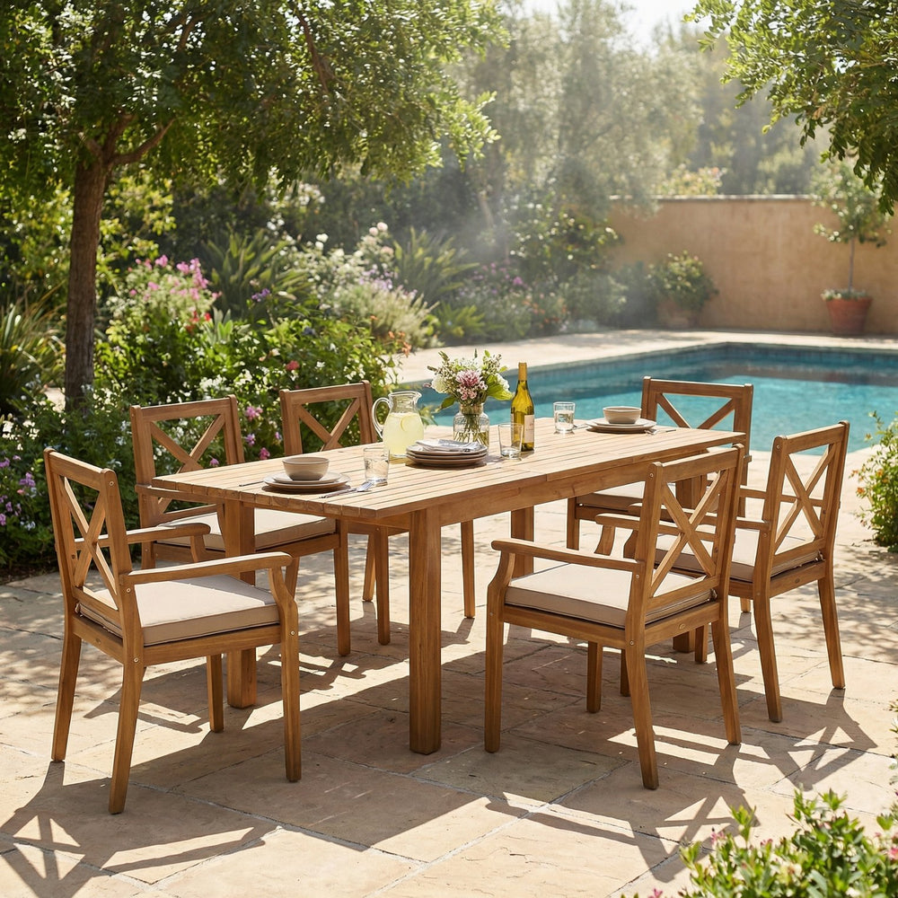 English Elm 7 Piece Acacia Hardwood Outdoor Dining Set Extendable Table Six Armed Chairs Teak N762S000042AAK