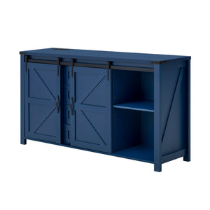 English Elm U-style Farmhouse Sideboard Barn Door Buffet with Drawers Built-in Outlet Dining Navy Blue N711P347377V