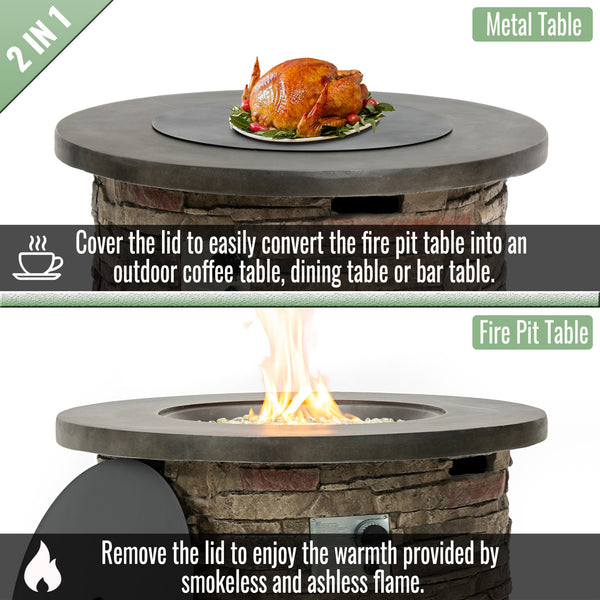 English Elm 36'' Propane Gas Fire Pit Table 50,000BTU Round MgO Top Hidden Tank Cover Pulse Ignition W853P293854