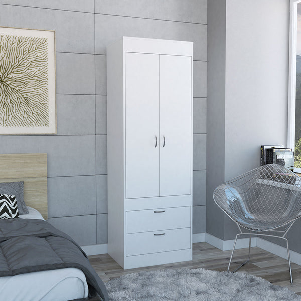 English Elm Lisboa White Armoire with Hanging Rod, Double Doors & Two Deep Drawers for Compact Organized Spaces B070P210737