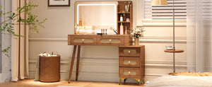 English Elm 47''Vintage Elegant Makeup Vanity with Lights and Mirror, 5-Drawer Rattan Design, Solid Wood Craftsmanship Walnut 46 L x 27 W x 8 H N733P337468M