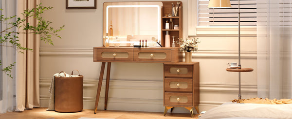 English Elm 47''Vintage Elegant Makeup Vanity with Lights and Mirror, 5-Drawer Rattan Design, Solid Wood Craftsmanship Walnut 46 L x 27 W x 8 H N733P337468M
