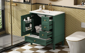 English Elm 30 30 Inch Bathroom Vanity with Ceramic Sink, Modern Compact 3-Drawer Storage Cabinet for Small Baths Green N710P247499F