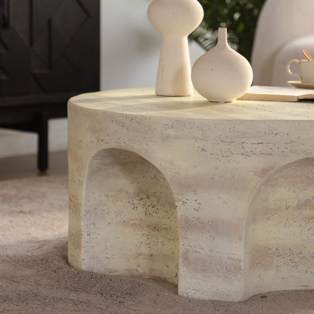 English Elm Mars Sculptural Round Accent Table Arched Cutout Base Minimalist Beige Living Room W3081P440608