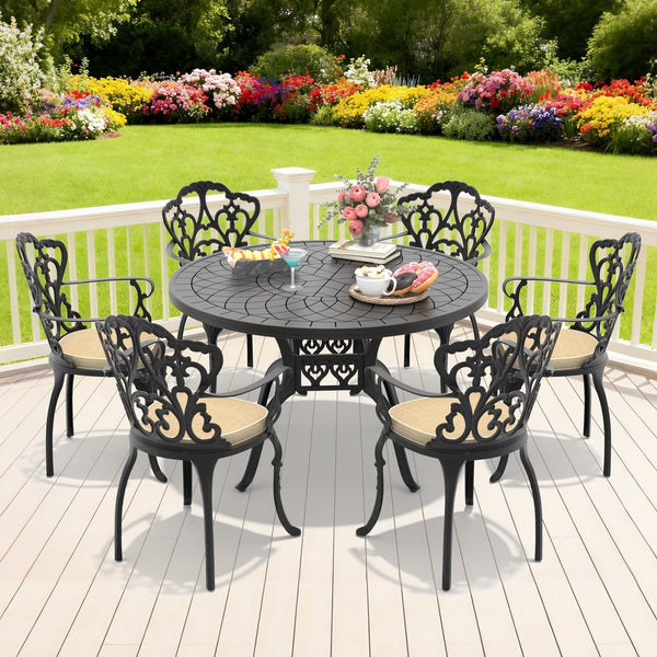 English Elm 7-piece Cast Aluminum Outdoor Dining Set with Carved Relief Patio Furniture W1710S00561