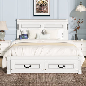 English Elm Queen Farmhouse Pinewood Storage Bed with Led Lighting Usb Charging and Panel Headboard White W504P391013
