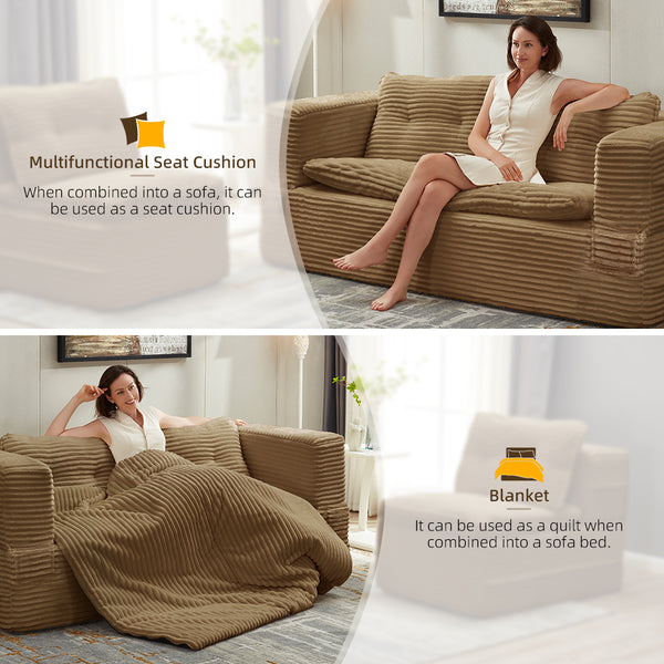 English Elm Multi Purpose Corduroy Sectional with Chaise Converts to King Floor Bed Deep Seat Camel W3219S00006