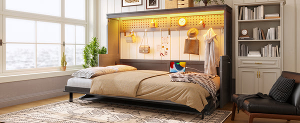 English Elm Full Murphy Bed with Fold Down Desk Led Lighting and Usb Port for Studio Spaces Dark Gray W1580S00455