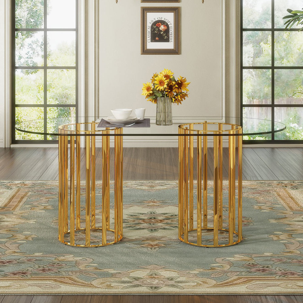 English Elm 71 Inch Oval Tempered Glass Dining Table Black Metal Base Seats Eight Modern W1151P416027