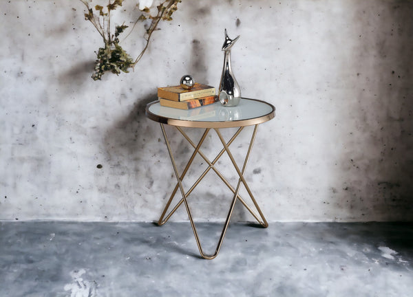 English Elm Valora Frosted Glass Top Coffee Table with Overlapped V Metal Base, Modern Elegant Centerpiece Champagne 33 L x 24 W x 5 H B2726P251275