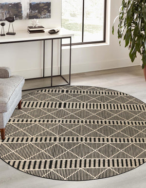 Unique Loom Outdoor Trellis Dalyan Machine Made Striped Rug Black, Natural 7' 10" x 7' 10"
