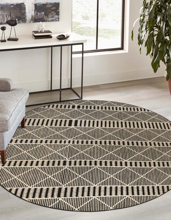 Unique Loom Outdoor Trellis Dalyan Machine Made Striped Rug Black, Natural 7' 10" x 7' 10"