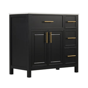 English Elm 36" Matte Freestanding Bathroom Vanity Solid Wood Cabinet Ceramic Sink Three Drawers Black N725P364205B