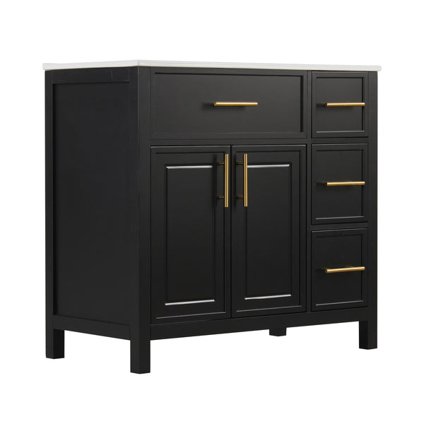 English Elm 36" Matte Freestanding Bathroom Vanity Solid Wood Cabinet Ceramic Sink Three Drawers Black N725P364205B