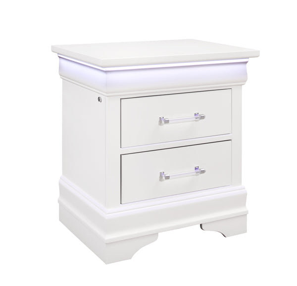 English Elm CHARLSTON Solid Wood Nightstand with LED Lighting, Transitional 2-Drawer Design, Metal Hardware Finish White 29 L x 22 W x 22 H B201P215719