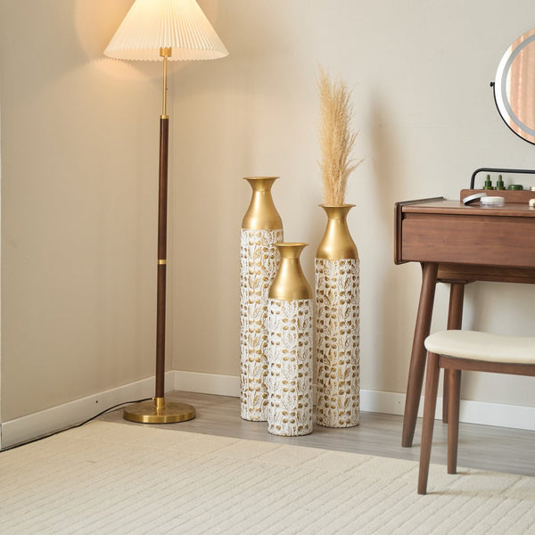 English Elm Mother's Gilded White 3D Relief Flower Metal Vase Set - Elegant Tall Cylinder Décor Trio, Gold Embossed Finish W2796P277632