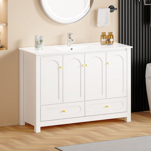 English Elm 48" White Mdf Bathroom Vanity with Integrated Resin Basin Six Storage Soft Close Doors W3133S00028