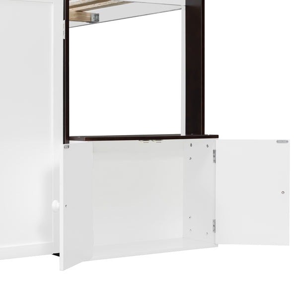 English Elm Twin House Loft Bed with Pull Out Rolling Desk Stair Drawers and Cabinet Storage Espresso+White N820S00074P