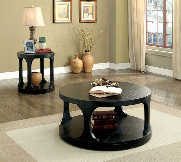 English Elm Transitional Bold Round End Table with I-Shaped Legs and Lower Shelf for Stylish Storage and Decor Antique Black 40 L x 40 W x 8 H B2741P357306