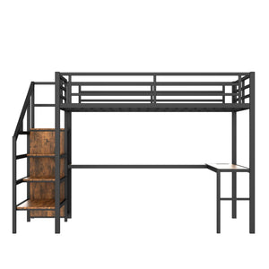 English Elm Queen Size Loft Bed With L-Shaped Desk, Usb Ports & Led Light - Modern Metal Frame For Stylish Spaces W1580S00180-GIGA