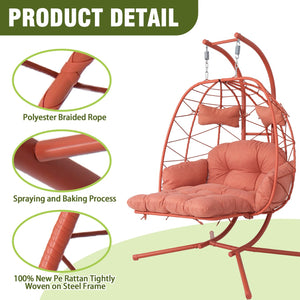 English Elm 2 Person Wicker Hanging Egg Chair with Stand Padded Swing for Patio Garden T5880P500222