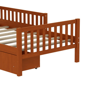 English Elm Twin Pinewood Platform Bed with Headboard, Guardrails & Two Underbed Drawers for Storage Walnut 70.6 L x 17.1 W x 5.9 H N733P172696D