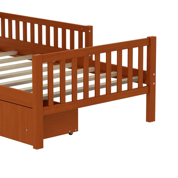 English Elm Twin Pinewood Platform Bed with Headboard, Guardrails & Two Underbed Drawers for Storage Walnut 70.6 L x 17.1 W x 5.9 H N733P172696D