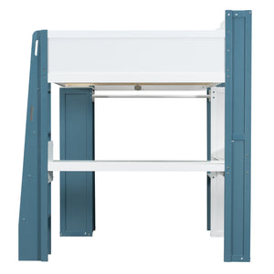 English Elm Full Size Wood Loft Bed With Desk, Storage Shelves & Clothes Rails - Modern Space-Saving Design N7090005007C