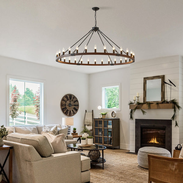 English Elm 53.15 Inch Wagon Wheel Chandelier Wood Matte Black 30 Light Seeded Glass Farmhouse W5008P464800