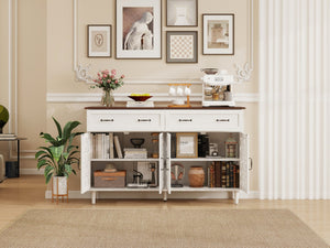 English Elm Vintage Farmhouse Sideboard with Hand-carved Doors Two-tone Distressed Wood Finish W688P360028