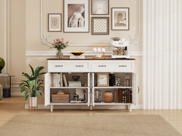 English Elm Vintage Farmhouse Sideboard with Hand-carved Doors Two-tone Distressed Wood Finish W688P360028