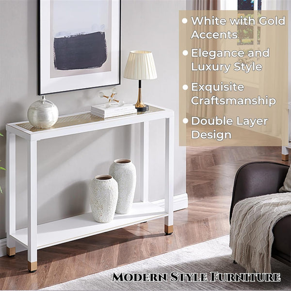 English Elm Glass Console Table Two Tier Tempered Shelf Narrow Foyer Entryway Gold Metallic Frame White+Gold W3587P456243